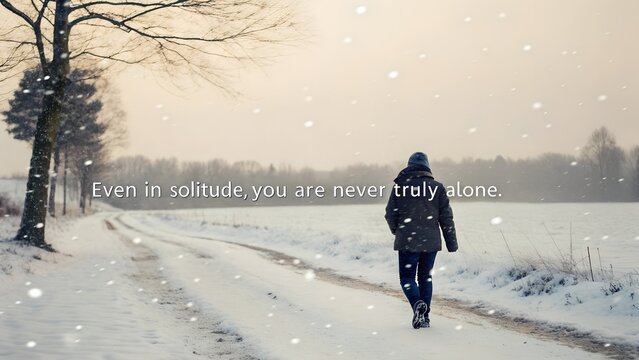 Solitary person walking down a snowy country road during a winter snowfall with an inspirational quote.