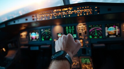 Pilot operates aircraft controls in the cockpit during a sunset flight over a scenic landscape