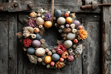 Easter wreath with colorful flowers and eggs on rustic wooden door with empty center
