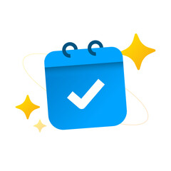 Modern gradient illustration of a calendar with check mark and glowing sparkles. completed schedule, confirmed appointment, successful planning, task done, and deadline achieved