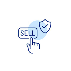 Finger clicking on sell button, shield and checkmark. Risk-free confident shopping. Verified seller. Pixel perfect, editable stroke vector icon