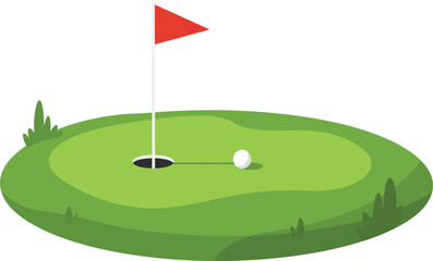 A realistic illustration of a golf hole with a flag cup and ball on a green putting surface isolated on transparent background