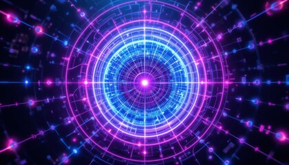 Futuristic Neon Circular Digital Interface with Vibrant Blue and Pink Glowing Lights in a High-Tech Abstract Design