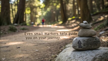 Stone Cairn Trail Marker Guides Hiker on Forest Path.