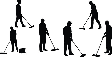 Naklejka premium Collection of silhouetted figures performing cleaning tasks with mops and buckets representing domestic chores and janitorial work isolated on transparent background
