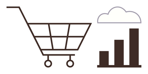 Shopping cart beside a cloud and bar chart. Ideal for ecommerce, retail, online shopping, analytics, business growth, statistics, digital solutions. Minimalist style simple flat metaphor