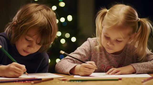 Two young children are engrossed in drawing, with their heads bent in concentration, suggesting creativity, imagination and childhood. They are diligently sketching on paper with pencils.
