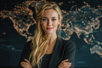 Confident businesswoman standing with arms crossed in front of digital world map