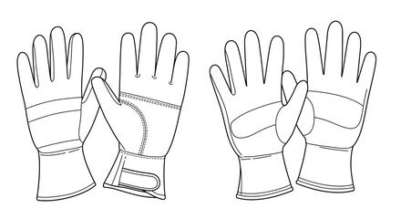 Pair of detailed outline drawings of protective work gloves shown from the front and side with a clean white background silhouette