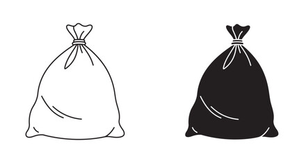 Two stylized illustrations of a tied garbage bag one in outline drawing and the other in solid black silhouette