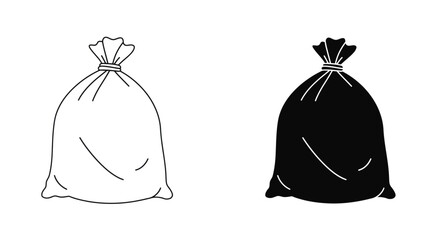 Two tied drawstring trash bags one white outline and one black silhouette against a white background representing waste disposal and recycling silhouette