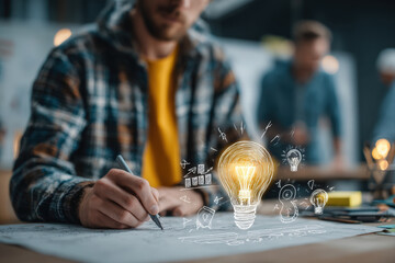 Team leader interacting with transparent digital panel showing growth and collaboration icons