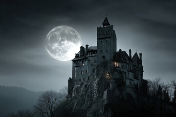 Gothic vampire castle on mountain cliff under full moon with dramatic clouds