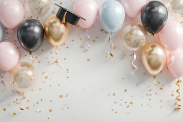 Festive graduation background with colorful balloons, ribbons, and golden stars