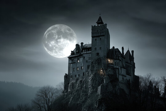 Gothic vampire castle on mountain cliff under full moon with dramatic clouds - Powered by Adobe