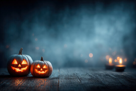 Glowing halloween pumpkins with candlelight on dark wooden floor and misty background