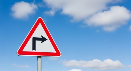 A triangular road sign with a black arrow indicating a sharp right turn against a bright blue sky with fluffy white clouds.