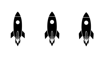 Three identical black rocket ships in silhouette style launching with flames against a white background representing space exploration and innovation