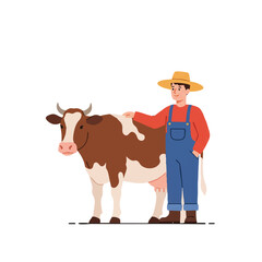 Contented farmer standing beside a friendly cow, depicted in a minimalist 2D flat vector illustration with clean lines and solid colors, isolated on a pure white background.