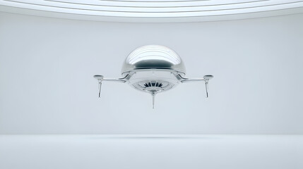 Obraz premium Silver Flying Saucer Hovering in Bright White Room with Futuristic Design