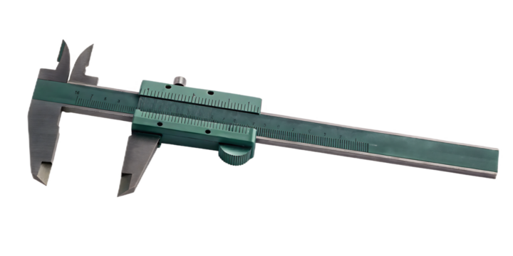 Green metal measuring tool with scale isolated on a transparent background caliper