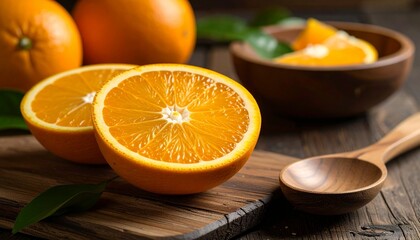 Fresh slices of ripe, juicy orange fruit with a splash of sweet yellow juice