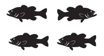 Four identical black bass fish silhouettes displayed in a two by two grid against a white background representing aquatic life and fishing