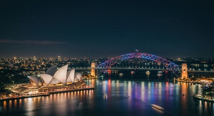 Fototapeta premium Sydney Opera House and Bridge Illuminated at Night