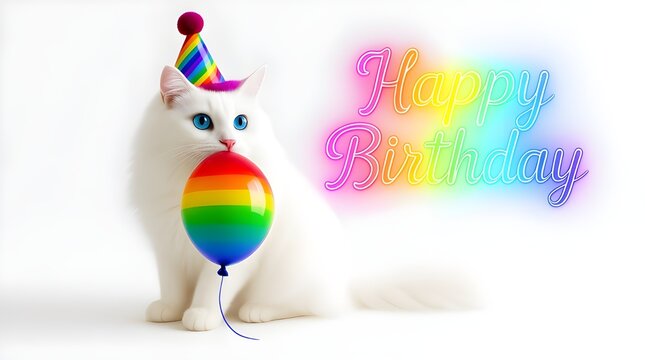 Adorable white kitten with pastel rainbow Happy Birthday typography on clean white studio background for celebrations