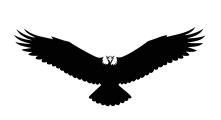 Majestic black silhouette of a powerful eagle with wings spread wide in flight against a clean white background representing freedom and strength silhouette