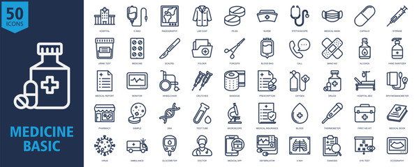 Medicine Basic Icon Set Outline with hospital, iv bag, radiography, lab coat, nurse, stethoscope, medical mask, capsule