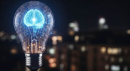 Glowing light bulb containing a digital brain and circuits, representing artificial intelligence