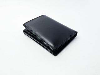 High-quality black leather trifold wallet on a white background.