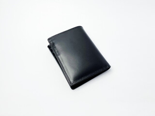 High-quality black leather trifold wallet on a white background.