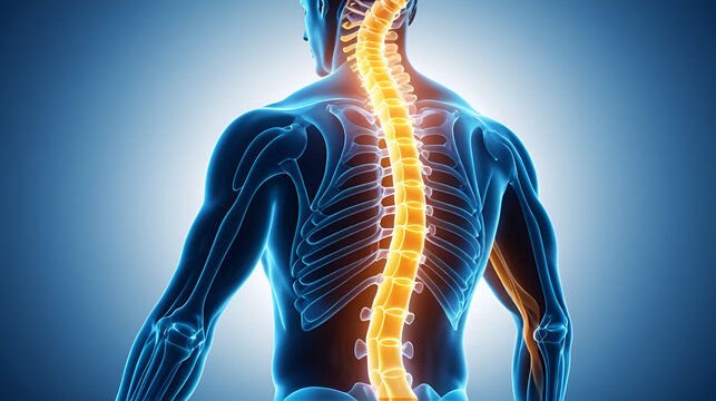 Spinal health visualization Man spinal pain due to ankylosing spondylitis glowing depiction of spinal fusion and inflammation