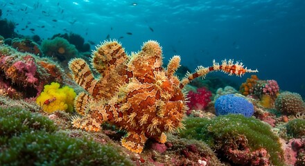 Naklejka premium Scorpionfish Camouflaged on Colorful Coral Reef.