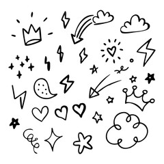 Various set icons. Hand drawn design elements. Hand drawn chalk and marker brush vector set.