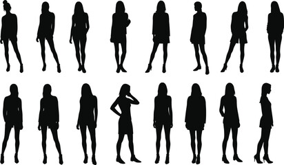 Collection of full body female silhouettes in various poses standing and walking isolated on transparent background © rsvect02