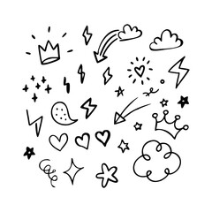 Various set icons. Hand drawn design elements. Hand drawn chalk and marker brush vector set.