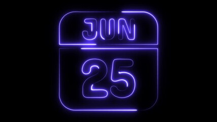 June twenty fifth calendar date neon glowing effect on black background digital animation representing important