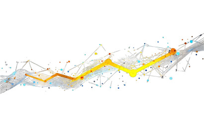 Obraz premium Abstract dynamic graphic with a flowing, zesty yellow-orange line, scattered geometric shapes, and speckles of color on a black background