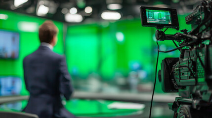 Blurred scene of a newscaster preparing to record in a green screen television studio