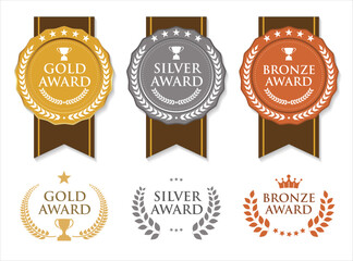 Gold silver and bronze winner award medals with award laurel wreath stock illustration flat design 