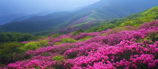 Obraz premium Lush pink azaleas blanket a hillside, with misty mountains in the background
