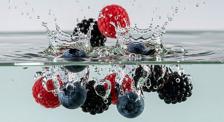 Vibrant fresh berries splashing into cool water create refreshing and healthy lifestyle imagery