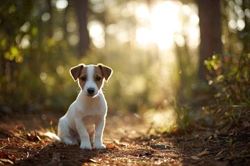 Puppy sits on forest path, golden light