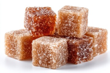 Pile of square, light brown, sugared candies