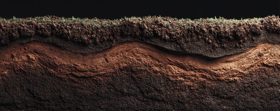 Close-up view of layered soil strata with vegetation
