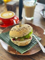 Sandwich Bagel with Lettuce and Ham