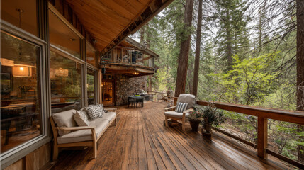 Forest lodge vacation rental with a terrace and wide windows nestled among pine trees.